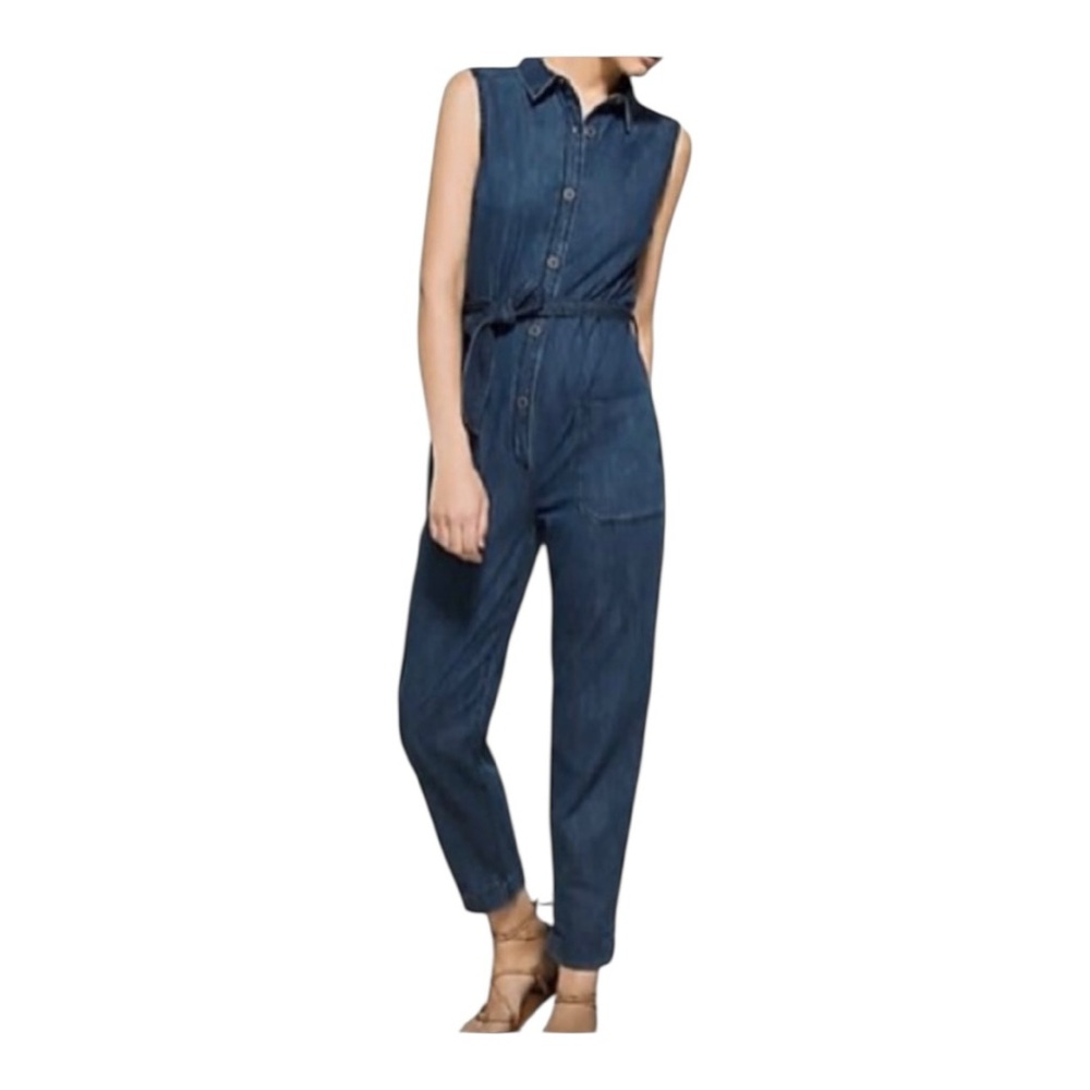 Massimo Dutti Blue Denim Button-Front Jumpsuit Utility Festival 70s Small